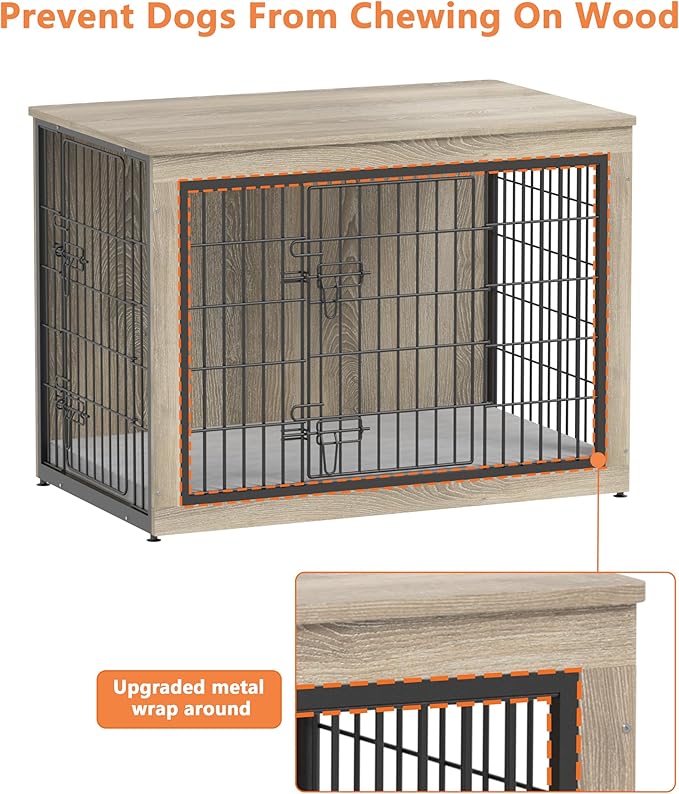 Piskyet Dog Crate Furniture with Cushion,Heavy-Duty Reinforced Metal Mesh,38" Wooden Dog Crate End Table with Double Doors,Indoor Dog Kennel,Dog Cage Side Table for Large Breed,Grey