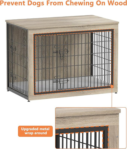 Piskyet Dog Crate Furniture with Cushion,Heavy-Duty Reinforced Metal Mesh,44" Wooden Dog Crate End Table with Double Doors,Indoor Dog Kennel,Dog Cage Side Table for Large Breed,Grey