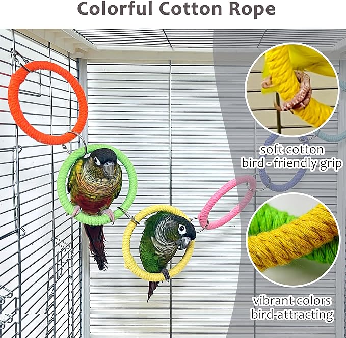 6-Ring Bird Swing Toy for Cage, Colorful Cotton Rope Perch for Parrots Soft Grip, DIY Adjustable Hanging Parakeet Toys, Interactive Multi-Bird Swing and Climb for Budgies, Lovebirds, Cockatiels