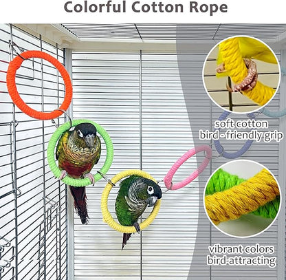6-Ring Bird Swing Toy for Cage, Colorful Cotton Rope Perch for Parrots Soft Grip, DIY Adjustable Hanging Parakeet Toys, Interactive Multi-Bird Swing and Climb for Budgies, Lovebirds, Cockatiels