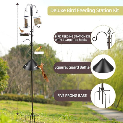 Deluxe Bird Feeding Station Kit - Wild Bird Feeder Hanging Pole With Multi Feeder, Suet Cage, Planter Hanger, and Squirrel Guard Baffle for Attracting Birds