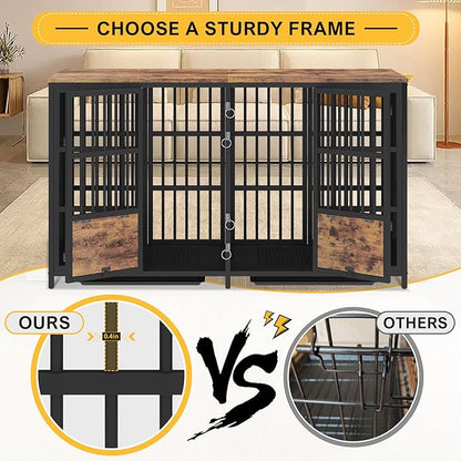 BOINN Large Dog Crate Furniture, 63 inch Heavy Duty Double Dog Crate with Divider, Extra Large Dog Kennel Furniture with Removable Trays for Medium Large Dogs