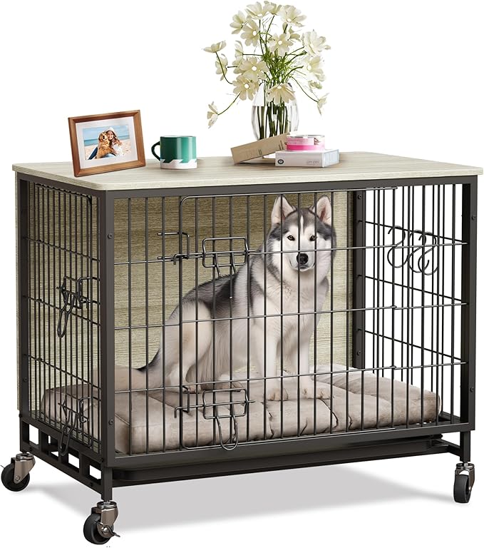 Dog Crate Furniture, 32.5" L Indoor Kennel with Double Doors, Sturdy Dog Cage with Easy Assembly, Wheels & Removable Tray, Rustic Grey