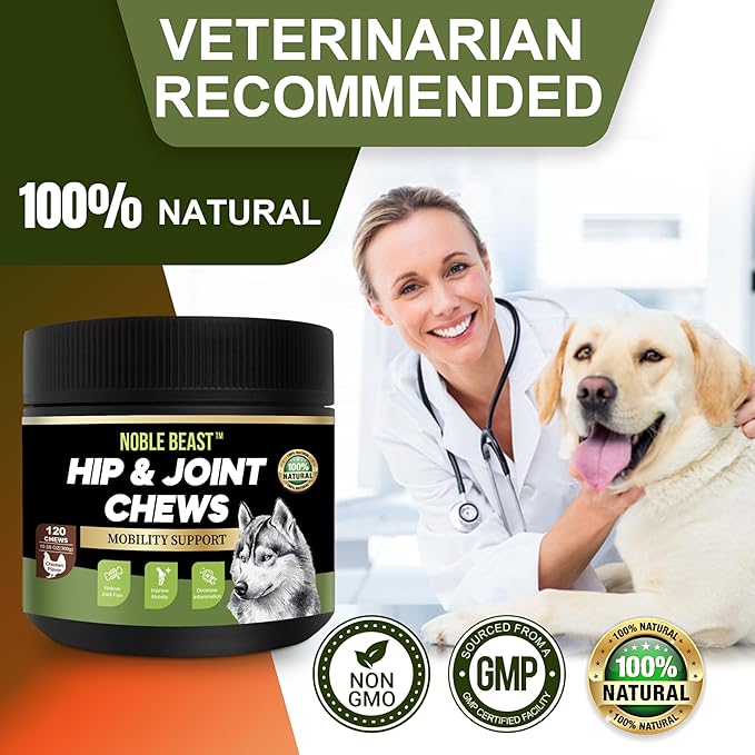 Noble Beast Dog Joint Supplement - Hip and Joint Care for Dogs - All Natural - Soft Chews with Glucosamine, Chondroitin, MSM & Hemp for Dog Joint Relief - Chicken Flavor  120 Count