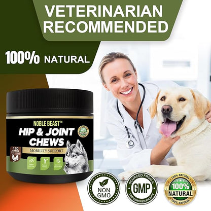 Noble Beast Dog Joint Supplement - Hip and Joint Care for Dogs - All Natural - Soft Chews with Glucosamine, Chondroitin, MSM & Hemp for Dog Joint Relief - Chicken Flavor  120 Count