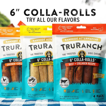 TRURANCH Collagen Rolls - 6" Collagen Rolls for Dogs - Long Lasting Healthy Joint Support Dog Treat - Rawhide Alternative - Skin & Coat Health - Made with Real Peanut Butter, 1 Bag, 4 Count