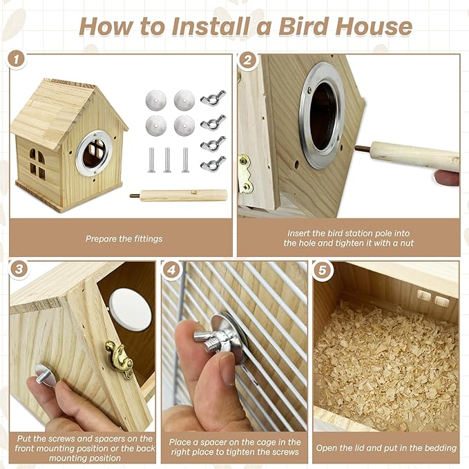 PINVNBY Parakeet Nesting Box Wooden Bird House for Cage Parrot Breeding Mating Box for Lovebirds Cockatiel Finch Cockatoo Canary and Small and Medium-Sized Birds (M: 7.91 * 6.3 * 5.82 inch)
