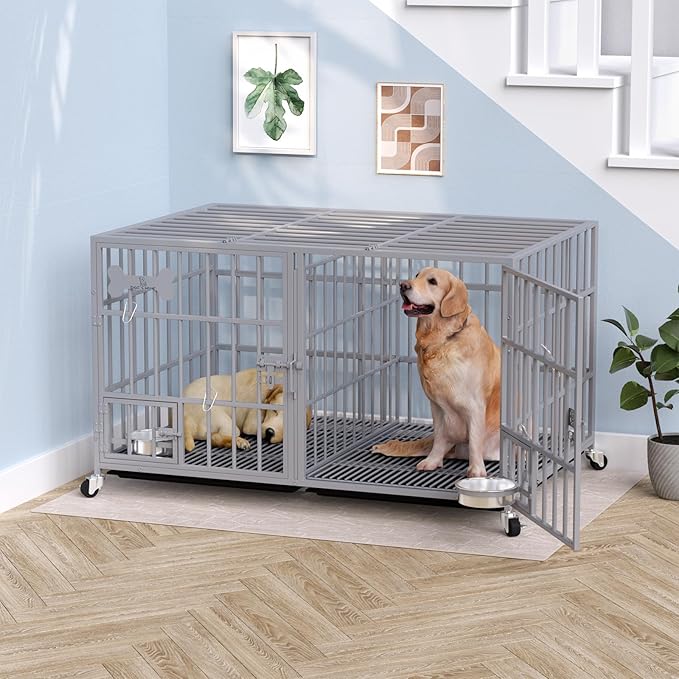 aboxoo 48/42 inch Heavy Duty Metal Dog Crate for 2 Dogs/Large Dog,All Metal Open Top,Dog Kennel Indoor with Wheels,Floor Grid, Tray, Divider and Feeding Bowl (Sliver)