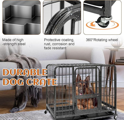 43.3inch Indestructible Metal Dog Crates for Large Dogs, Heavy Duty Escape Proof Dog Kennel Indoor Extra Large Dog Crate with Lockable Wheels, XL Dog Crate 43.3" L x 28.3" W x 37.8" H