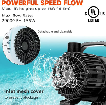 WaterRebirth (2900GPH-155W,UL listed) High Flow Large Fountain Submersible Water Pond Sump Pump Aquarium Electric Waterfall Pump Outdoor PS- 2900