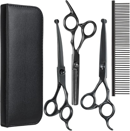 Dog Grooming Scissors, Maxshop Heavy Duty Titanium Pet Grooming Trimmer Kit, Professional Thinning Shears, Curved Scissors with Comb for Dogs and Cats (Black Set of 4)