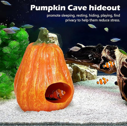 POPETPOP Resin Pumpkin Aquarium Décor Ornaments, Fish Tank Safe Decorations, Small Turtles Hiding Hole Cave, Table Decor Reptile Box Shelter Habitat -Thin Pumpkin