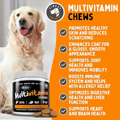 Finest For Pets Multivitamin Dog Supplement – 10 in 1 with Omega Fish Oil & Glucosamine for Improved Joint & Skin Support, Gut, Digestion & Immune Everyday Health (120 Chewable Treats)
