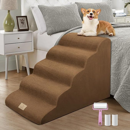 Mestuel Dog Stairs for High Bed 22.8'' H, 5 Steps Dogs Stairs for Bed, Pet Stairs for Small Large Dogs to Couch, Pet Ladder with High Density Foam, Non-Slip Balanced Dog Ramp, Brown