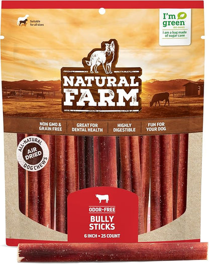 Natural Farm Odor-Free Bully Sticks (6 Inch, 25 Pack), 1.3 lb. Bag, Fully Digestible 100% Beef Pizzle Chews, Grass-Fed, Non-GMO, Grain-Free, Natural Long-Lasting Chews for Small & Large Dogs