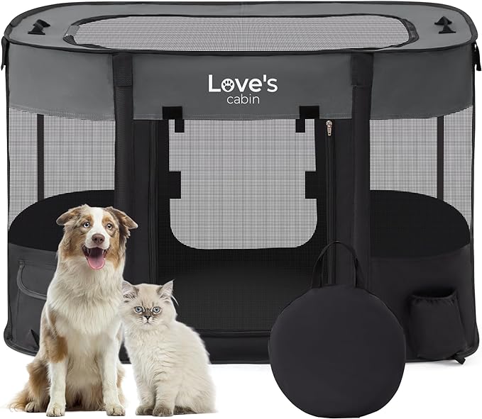 Love's cabin Pet Puppy Dog Playpen, Large Dog Tent Crates Cage Indoor/Outdoor, Portable Exercise Playpen for Cat, Foldable Pop Up Kennel with Carring Case (L, Grey)