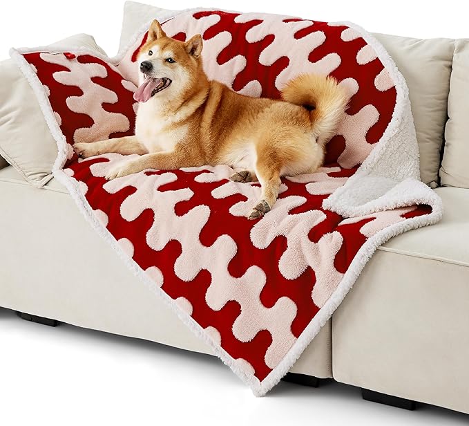 Lesure Waterproof Dog Blanket for Large Dogs - Washable Double Sided Dog Blankets with Warm Jacquard Shag and Soft Sherpa Fleece, Pet Cat Blanket for Couch Protection, 3D Textured Wave, Red