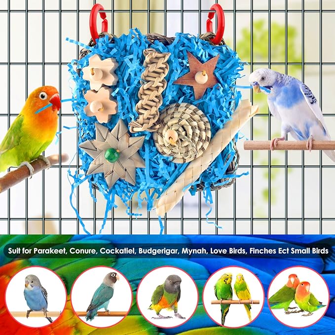 KATUMO Conure Toys, Bird Foraging Toys Parakeet Shredding Grass Mat Hanging Toys for Cockatiel Conure Lovebird Parakeet Bird Cage Accessories