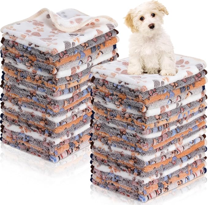 Chumia 40 Pcs Blankets Soft Fluffy Fleece Washable Pet Dog Sleep mat Paw Print Pattern Fleece Blankets for Pets Throw Warm Bed Mat for Dog Puppy Cat(24 x 16 Inch,Brown, White, Black, Blue)