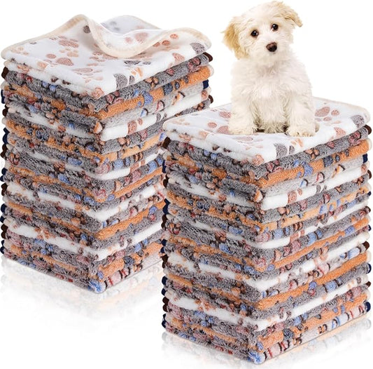 Chumia 40 Pcs Blankets Soft Fluffy Fleece Washable Pet Dog Sleep mat Paw Print Pattern Fleece Blankets for Pets Throw Warm Bed Mat for Dog Puppy Cat(24 x 16 Inch,Brown, White, Black, Blue)
