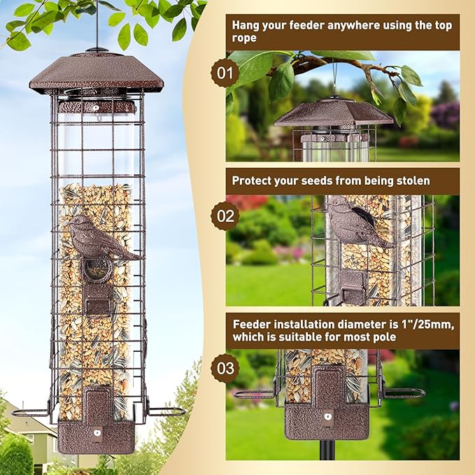 Squirrel Proof Hanging Bird Feeder for Outdoors, Gravity Protection Metal Wild Bird Feeder, 3LB Large Capacity, 4 Ports, Cardinal, Chickadee, Durable & Weatherproof, Ideal for Backyard