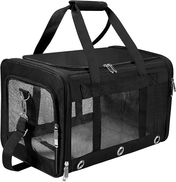 Soft Sided Cat/Dog Carrier，Collapsible Mesh Pets Travel Carriers for Pet/Puppy with Shoulder Strap & Removable Mat，Top Load Small Dogs/Cats Carry Bag Up to 25 Lbs（Black - L）