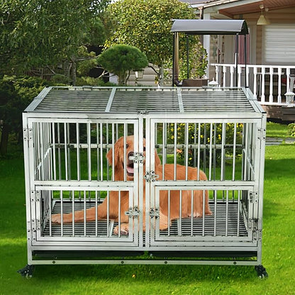 48-in Heavy Duty Dog Crate Cage Kennel with Wheels, Full Stainless Steel High Anxiety Indestructible Dog Crate, Sturdy Locks Design, Double Door Small Door Design & Removable Tray Design Silver