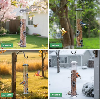 MIXXIDEA 2PK Metal Bird Feeders with 6 Feeding Ports,Tube Bird Feeder with Steel Hanger,Hard Plastic Wild Bird Feeder for Outdoors Hanging, Attracting Birds in Your Lawn, Garden, Balcony (Grey)