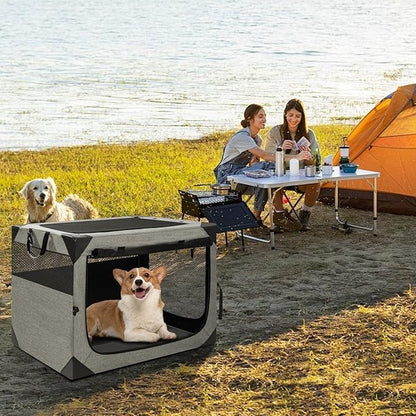 30 Inch Portable Travel Dog Crate, 3 Door Collapsible Soft Pet Kennel with Durable Mesh Windows for Medium Dogs, Foldable Dog Cage with Storage Pocket for Outdoor (Light Grey)