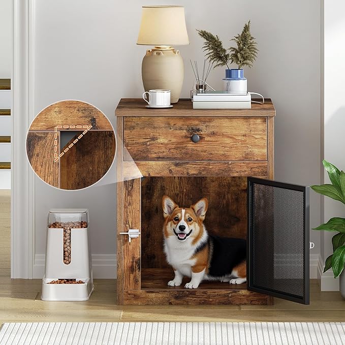 HOOBRO Dog Crate Furniture, Dog Kennel with Drawer and Charging Station, Indoor Decorative Puppy House, Wooden Pet Crate End Table for Small Dogs, Rustic Brown and Black BF58UGW03G1