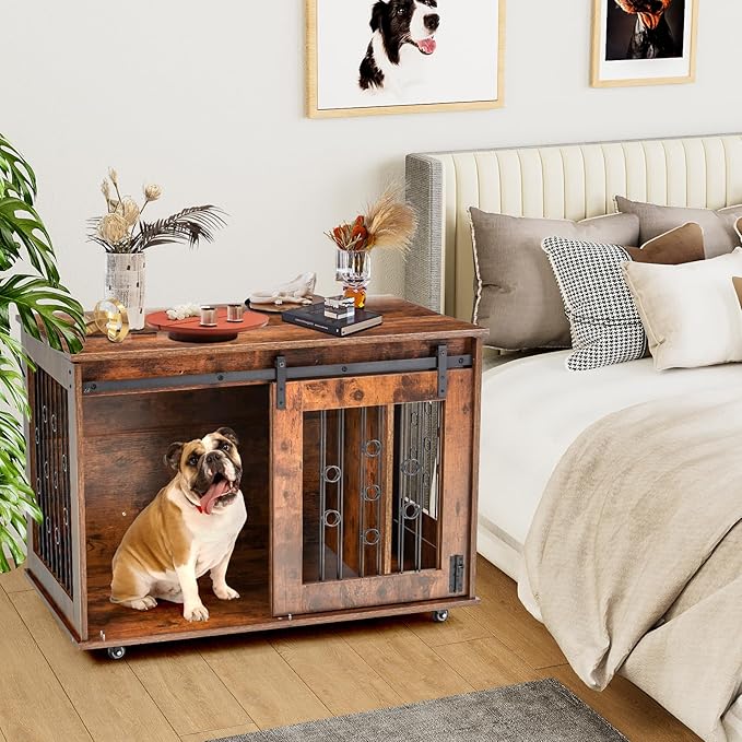 2 Rooms Dog Crate Furniture with Movable Divider,39" Wooden Dog Crate Table,Wooden Dog Kennel Pet House Cage,Flip Top 39.37_x25.2_x28.94_