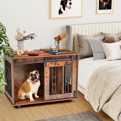 2 Rooms Dog Crate Furniture with Movable Divider,39" Wooden Dog Crate Table,Wooden Dog Kennel Pet House Cage,Flip Top 39.37_x25.2_x28.94_