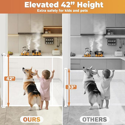 200" Retractable Baby Gates Dog Gate Extra Wide, 42" Tall Child Pet Safety Gate with Reinforced Strips for Stairs, Long Mesh Garage Gates Fence for Outdoor Indoor Large Openings Driveway Decks Patio