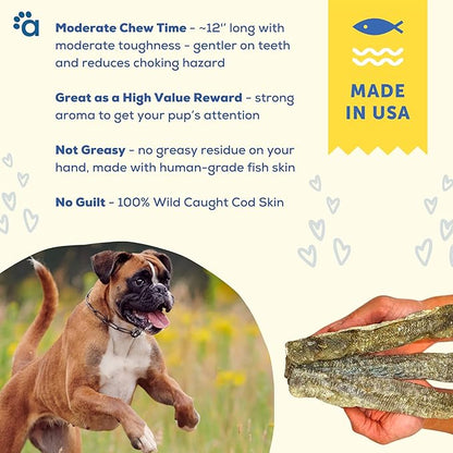 A Better CHEW  Wild Caught Cod Skin Dog Treats | Sourced and Made in The USA, Single Ingredient, Dehydrated | Natural, Healthy Alternative to Rawhides + Bully Sticks, Long Lasting Chew