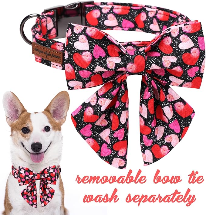 Unique Style Paws Valentine's Day Dog Collar with Bow Colorful Heart Love Dog Collars for Small Medium Large Dog New (S, Black Bowtie)