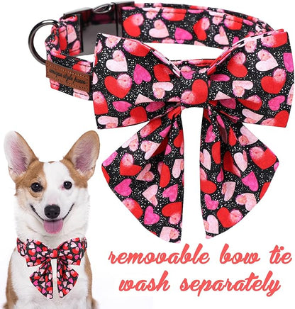 Unique Style Paws Valentine's Day Dog Collar with Bow Colorful Heart Love Dog Collars for Small Medium Large Dog New (XL, Black Bowtie)