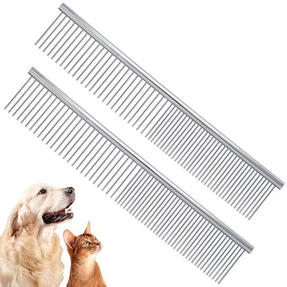 2pcs Dog Grooming Combs for Removing Tangles, Round Teeth Metal Cat Pet Hair Comb, Silver Large Professional Grooming Tool for Long Short Haired Dogs Cats Rabbits