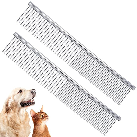 2pcs Dog Grooming Combs for Removing Tangles, Round Teeth Metal Cat Pet Hair Comb, Silver Large Professional Grooming Tool for Long Short Haired Dogs Cats Rabbits