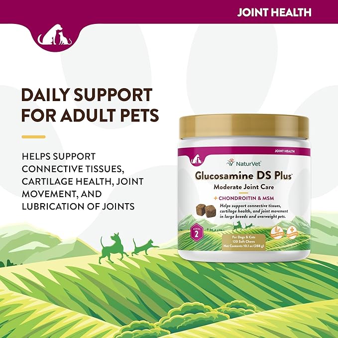 NaturVet  Glucosamine DS Plus - Level 2 Moderate Care  Supports Healthy Hip & Joint Function  Enhanced with Glucosamine, MSM & Chondroitin  for Dogs & Cats120 Soft Chews