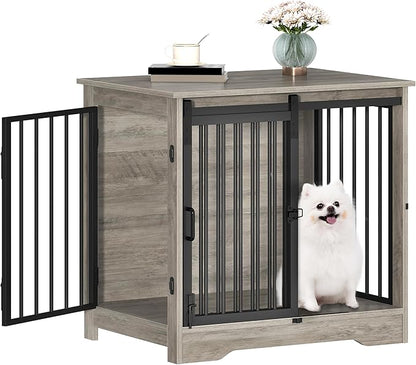 Dog Crate Furniture, 27.2" Double Door Dog Crate with Barn Door, Dog Kennel Indoor, End Side Table Wooden Dog Crate for Small Medium Dog, Anti-Chew Anti-Escape, Greige DFC84305B