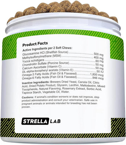 STRELLALAB Glucosamine Treats for Dogs - Joint Supplement w/Omega-3 Fish Oil - Chondroitin, MSM - Advanced Mobility Chews - Joint Pain Relief - Hip & Joint Care - Bacon Flavor - 240 Ct - Made in USA