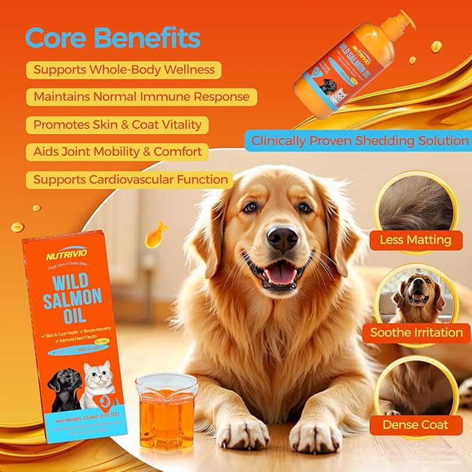 Wild Alaska Salmon Oil for Dogs & Cats Fish Oil Omega 3 Supplements with EPA & DHA for Skin & Coat, Immune, Brain, Joint and Heart Health, Dog & Cat Fish Oil Supplements 236mlï¼8fl ozï¼