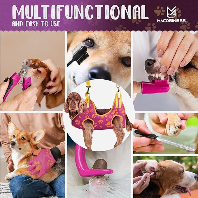 Pet Grooming Hammock for Nail Trimming - Complete Groomers Helper Set for Pet - Dog Grooming Hammock with Hook - Cat Nail Clipper - Dog Hammock for Nail Clipping (L, Purple with Gold Paws)