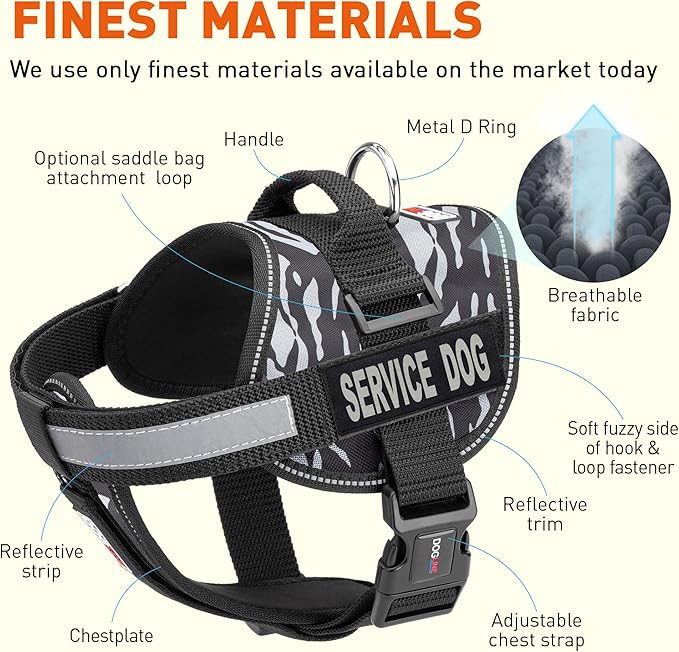 Dogline Unimax Dog Harness Vest with Service Dog Patches Reflective No-Pull, Adjustable Straps, Breathable Neoprene for Medical, Service, Identification and Training Dogs Girth 18 to 25" Zebra