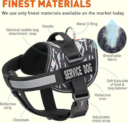Dogline Unimax Dog Harness Vest with Service Dog Patches Reflective No-Pull, Adjustable Straps, Breathable Neoprene for Medical, Service, Identification and Training Dogs Girth 28 to 38" Zebra