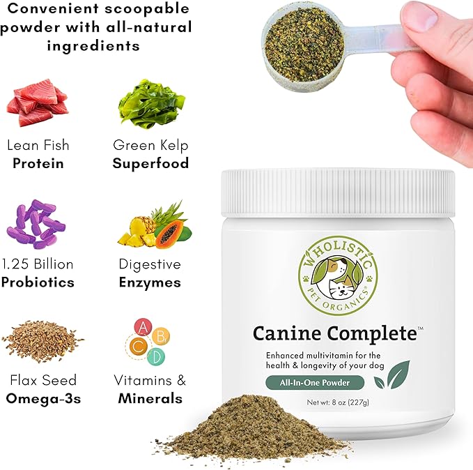 Wholistic Pet Organics Canine Complete - Dog Multivitamin Powder - 8 Oz - Daily Dog Vitamins and Supplements for Homemade Food - Immune System, Skin, Coat & Overall Health - Small and Large Breed
