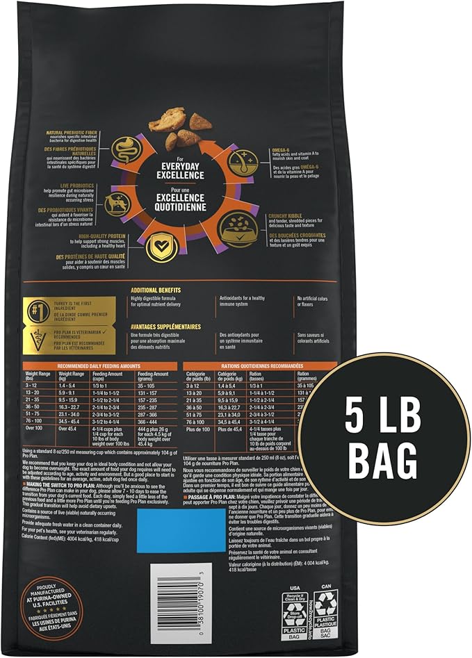 Purina Pro Plan Complete Essentials Shredded Blend Turkey and Rice Dog Food Dry Formula with Probiotics for Dogs - 5 lb. Bag