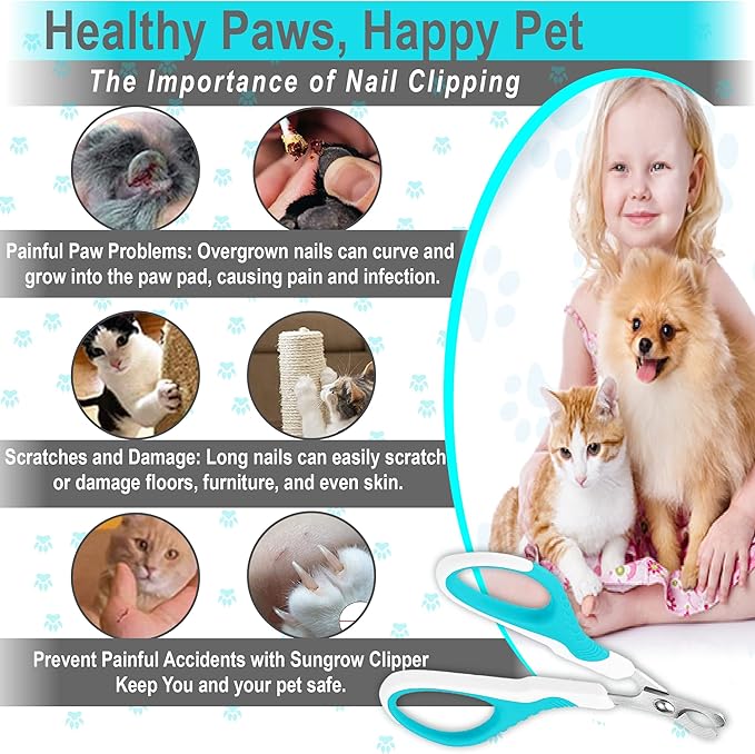 SunGrow Dog Nail Trimmer for Small and Medium Dogs, Cat Nail Claw Clipper, Non-Slip Handle, Professional Paw Grooming and Nail Care, Stainless Steel Blade