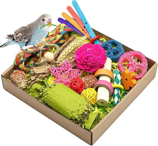 Natural Bird Toy Foraging Parrot Shredding Toys Box Conure Chewing Toys for Cockatiel Lovebird Parakeet Budgie Small-Medium Birds (Colorful)