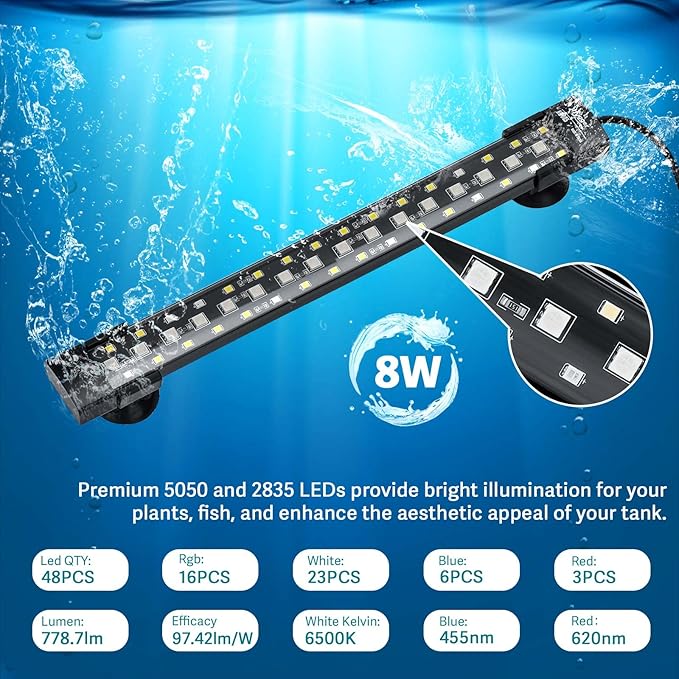 hygger 24/7 Mode Submersible Aquarium LED Light, Full Spectrum Hidden Fish Tank Light with 3 Rows Beads 7 Colors Auto On Off Sunrise-Daylight-Moonlight, Adjustable Timer Brightness 8W